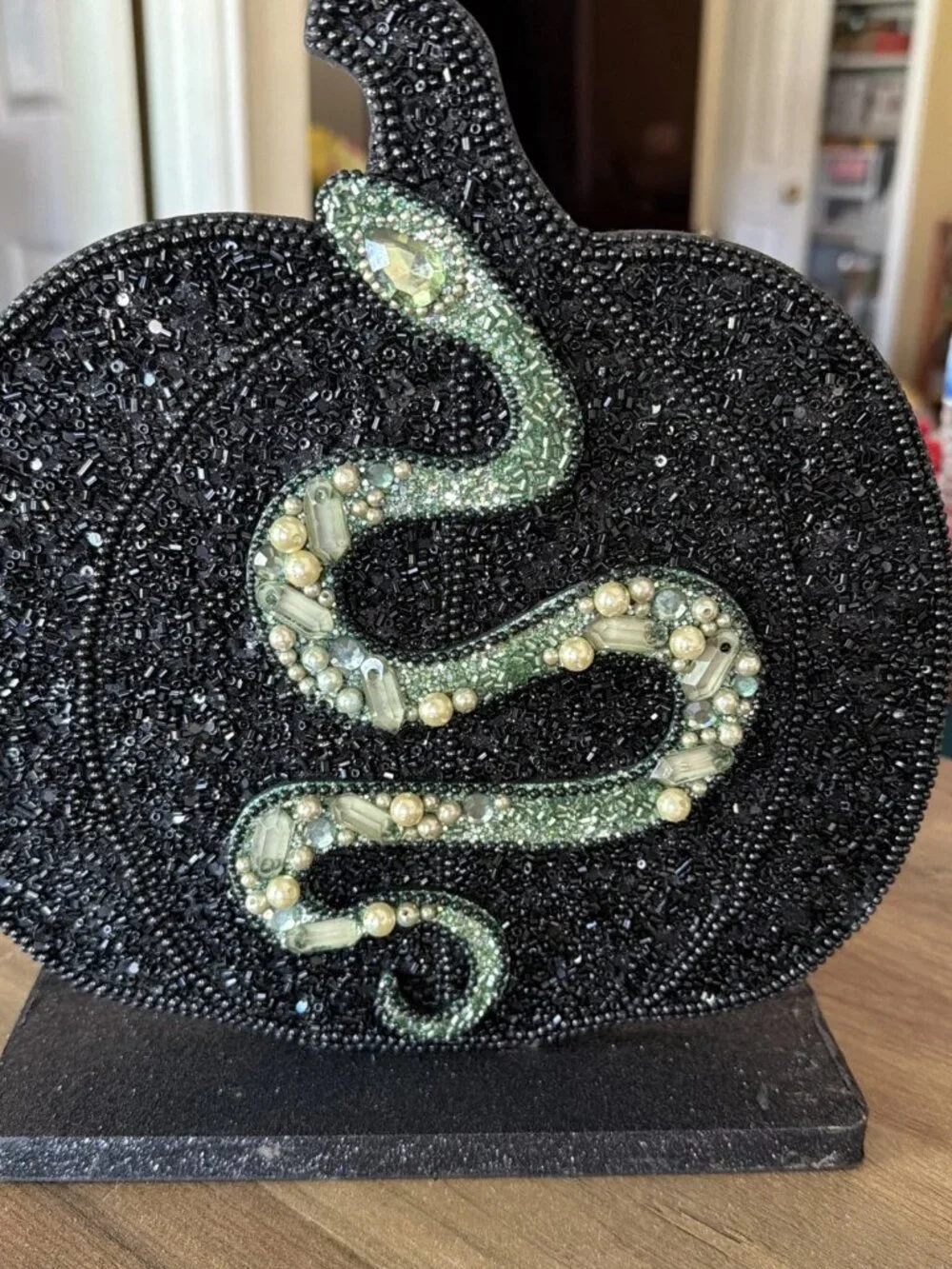 Embellished Halloween Tabletop Decor, Black Pumpkin With A Green Snake - India